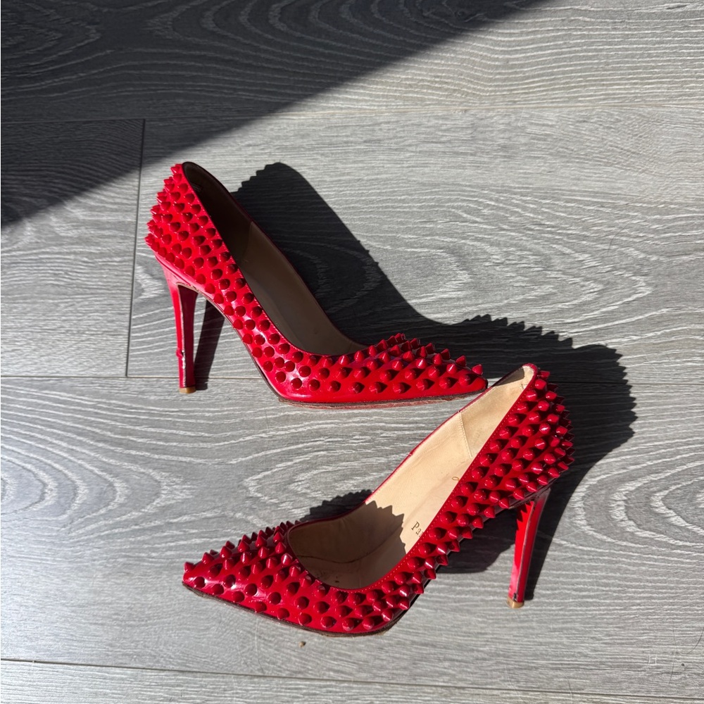 Christian Louboutin Red Patent Leather Pigalle Spikes Pointed-Toe Pumps 36.5